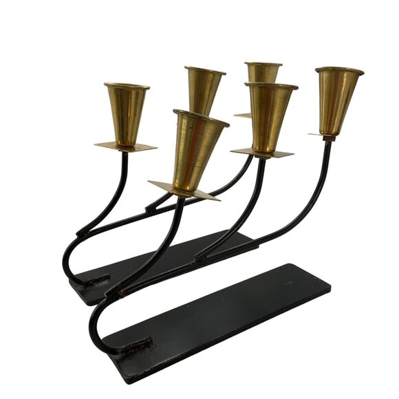 Vintage MCM Handmade Candle Holders Iron and Brass Black and Gold heavy Art deco - Picture 1 of 10